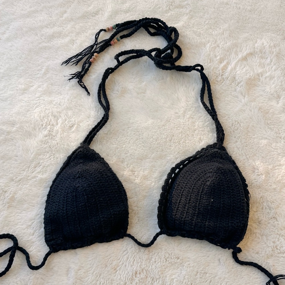 Beauty and the Beach navy triangle crocheted bikini top - size XS